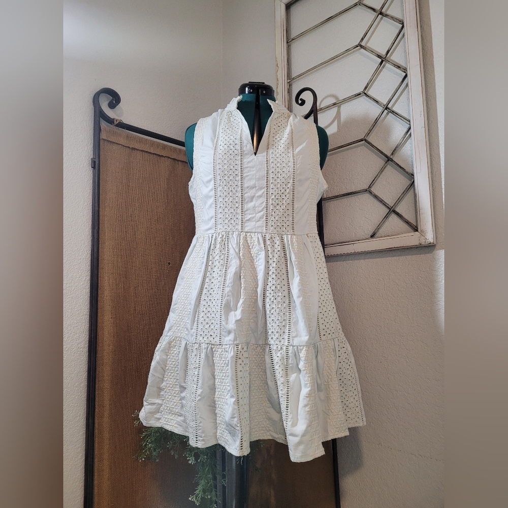 FATE  Pastel Blue  Cream Luxury Eyelet Tired Midi Dress  Side Zipper Pockets Md